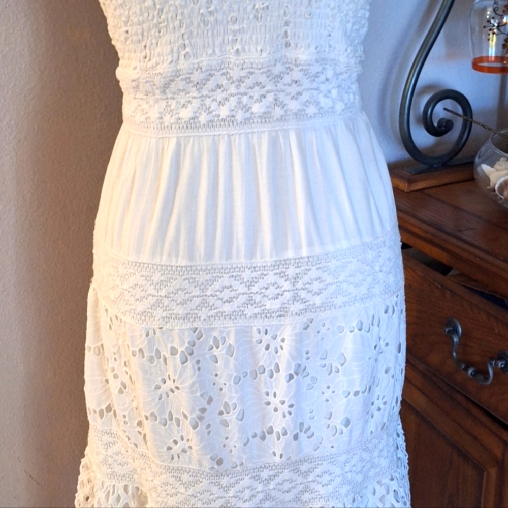 White dress by Reba with stretch lace and crochet  bodice